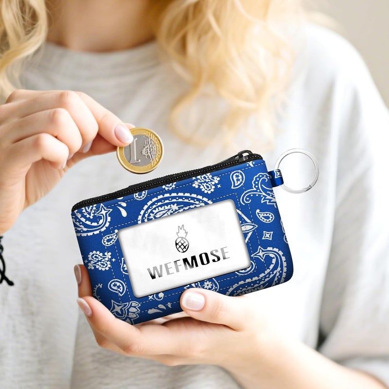 WEFMOSE Small Wallet Keychain with Clear ID Window Zipper Cute ID Case Coin Purse for Women Water Resistant Coin Pouch-Paisley Floral-Blue Keychain Wallet - Image 2